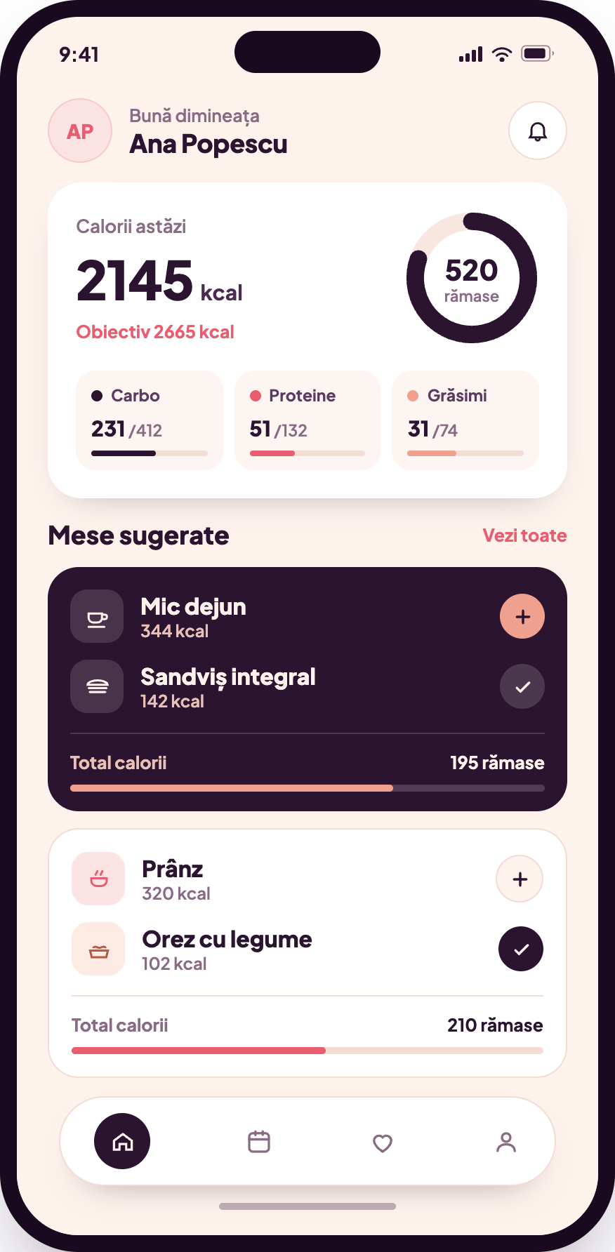 Aplicația mobilă KiloCal: caloriile consumate astăzi și mesele sugerate pentru pacient
